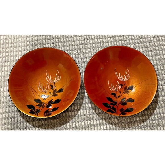 2 Vintage Japanese Orange Lacquer Ware Bowls 9" Shikki Sweets Bowl Hand Painted - Picture 6 of 7